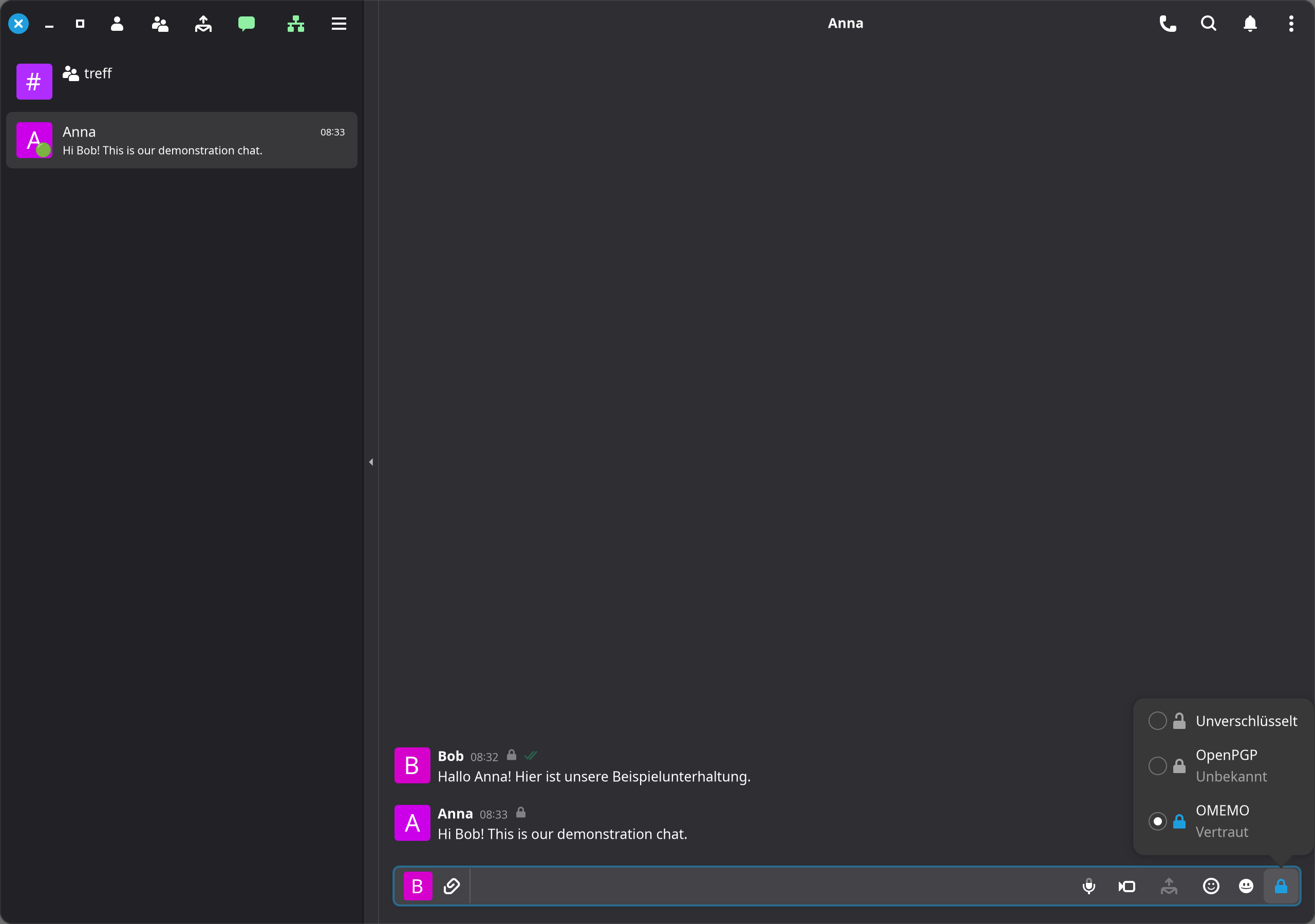 Am Schloss die Verschlüsselung für diesen Chat auswählen.