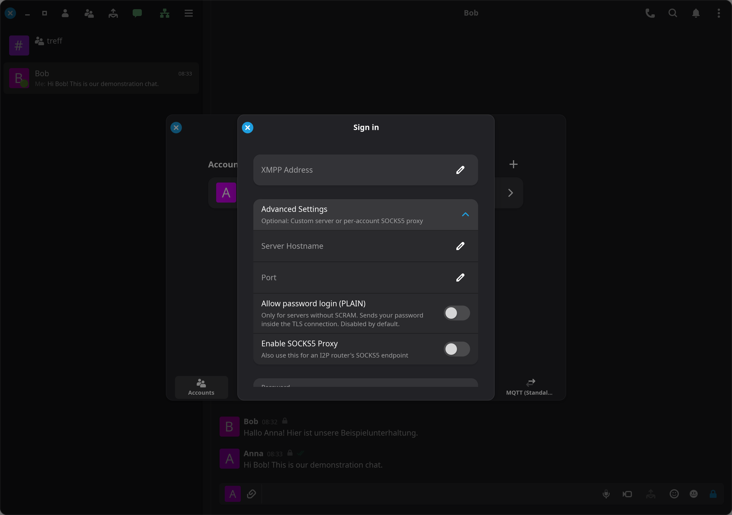 Advanced connection settings during login.