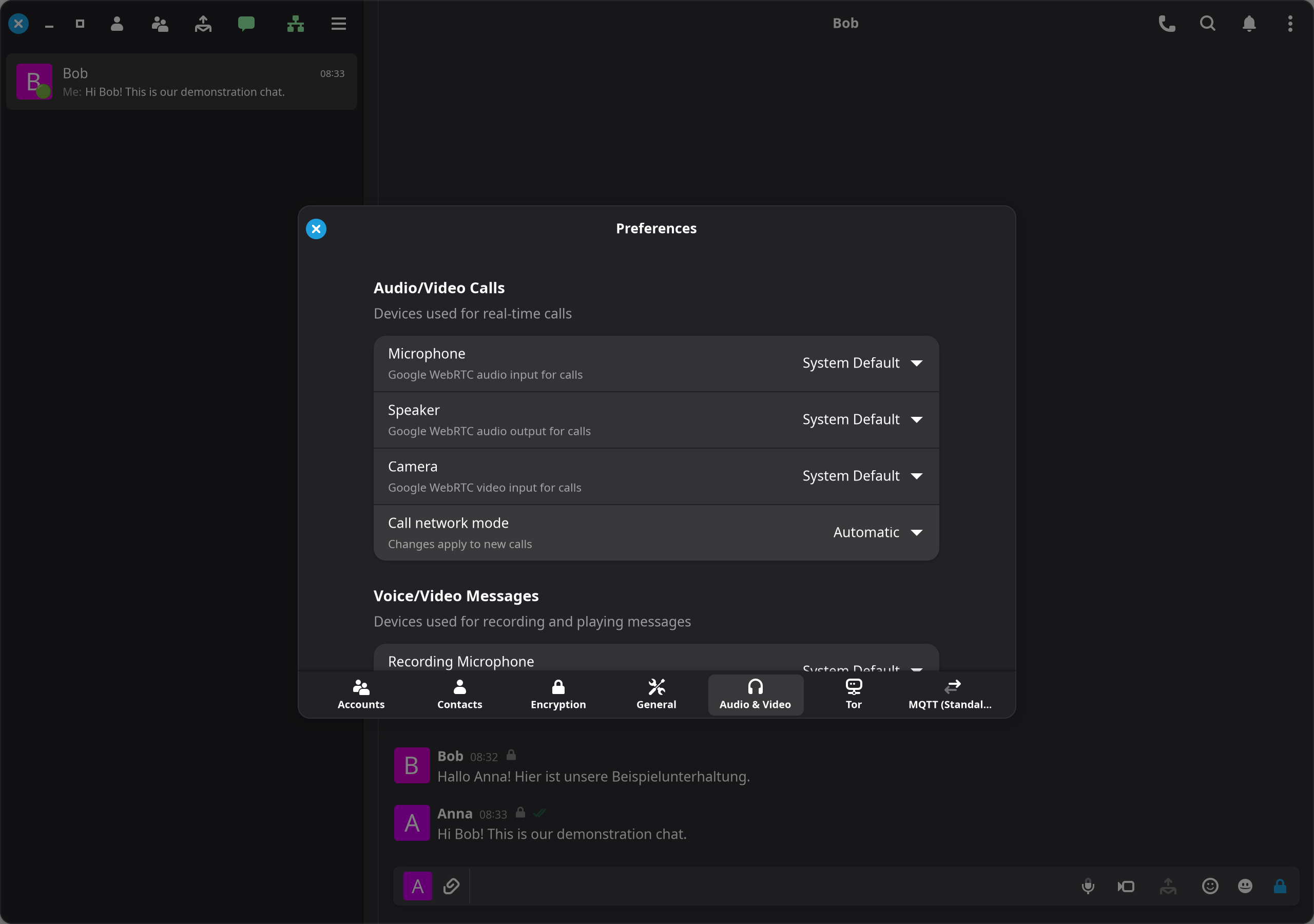 Separate device selection for calls and recorded messages.