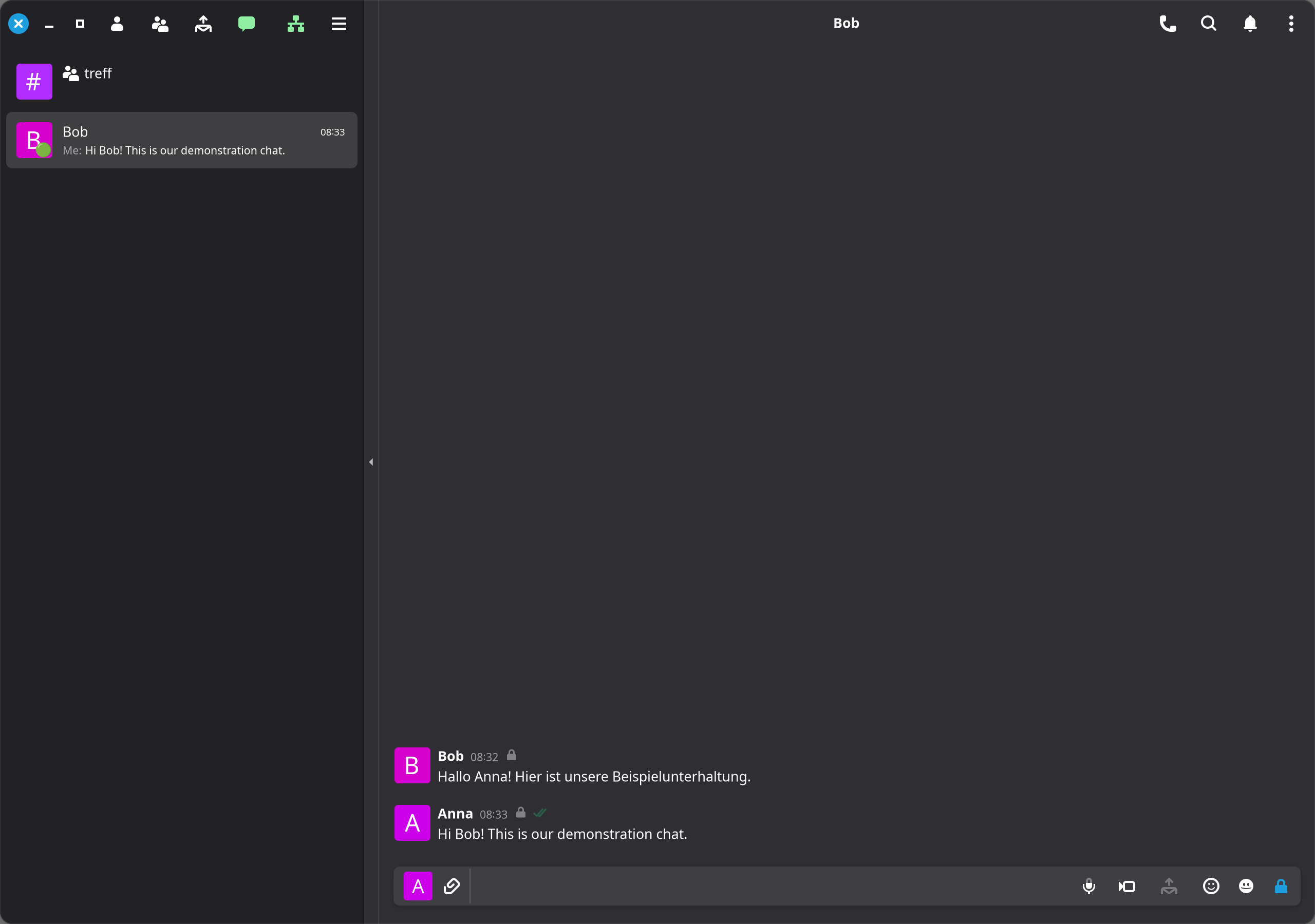 The complete DinoX window: chat and message controls.
