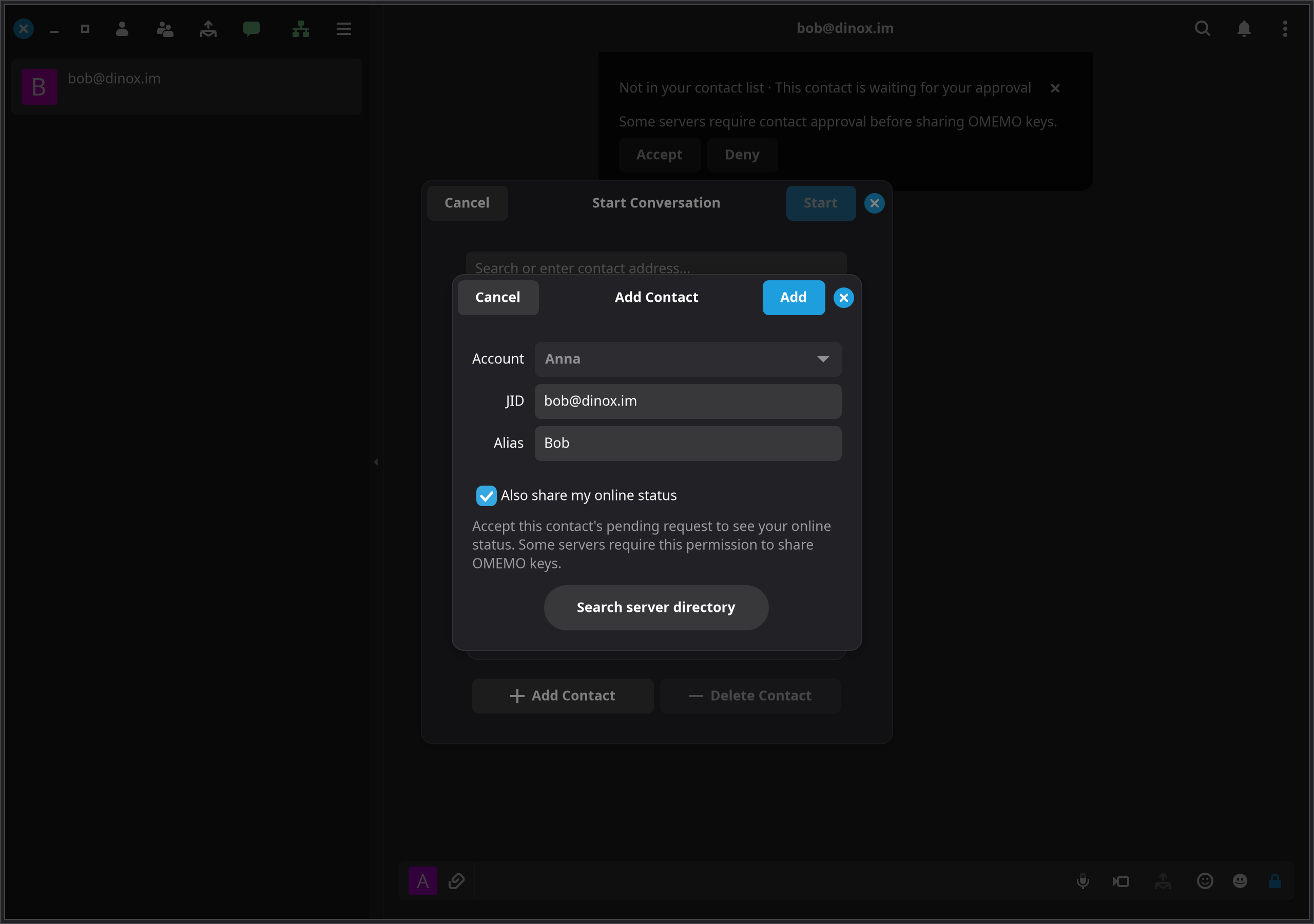 Add a contact: address, alias, online status and server directory.