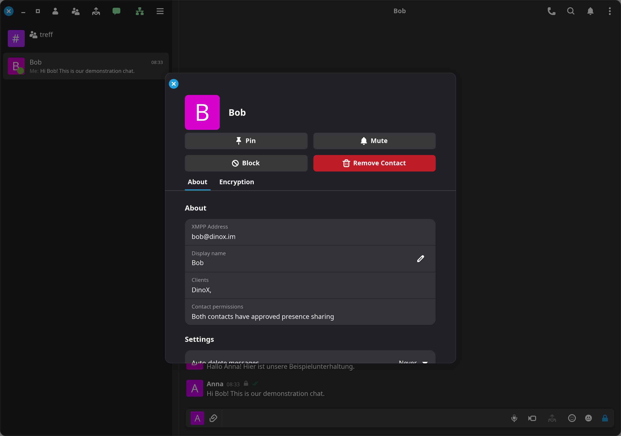 Conversation details with separate Info and Encryption pages.