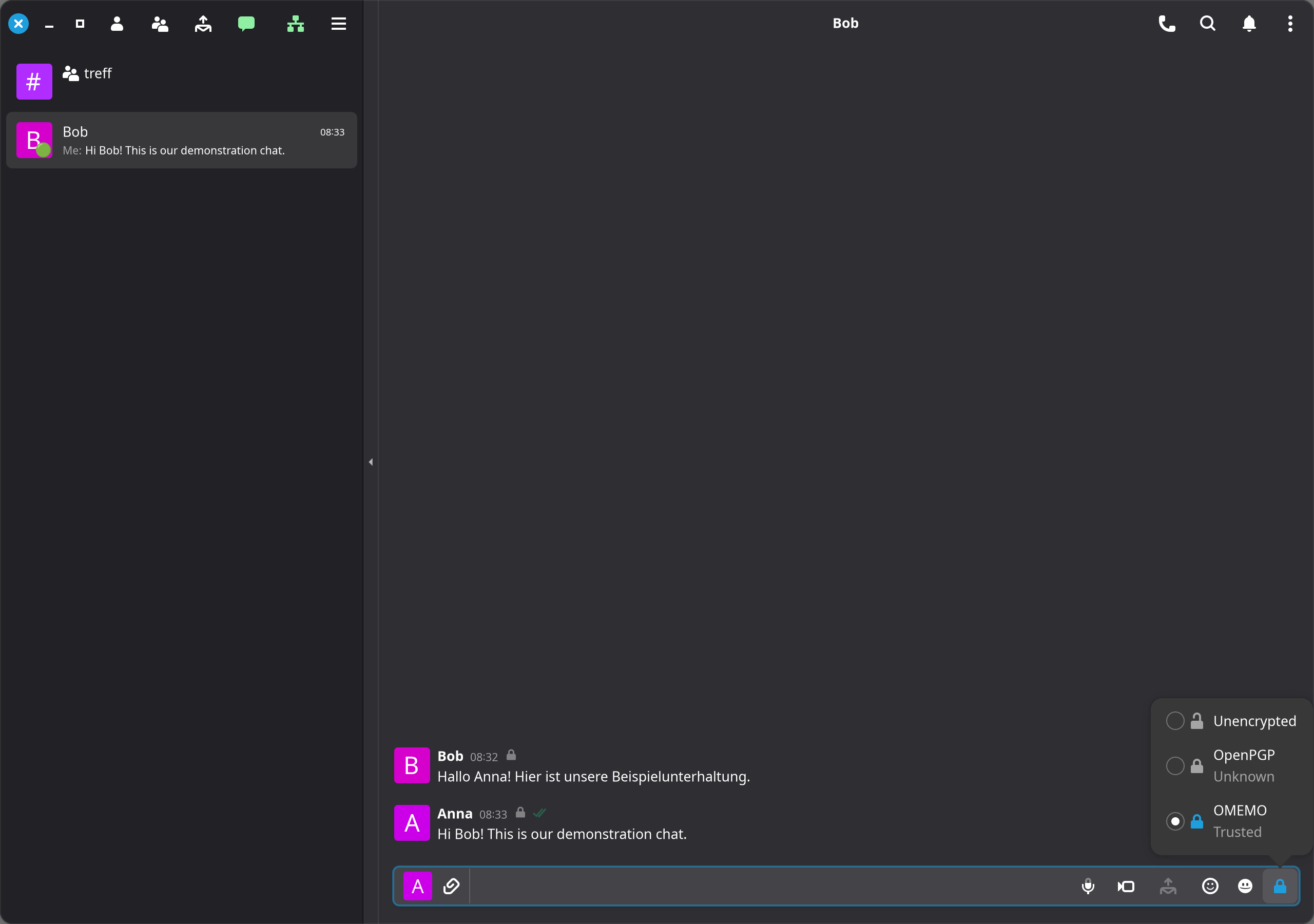 Choose encryption for this chat using the lock.
