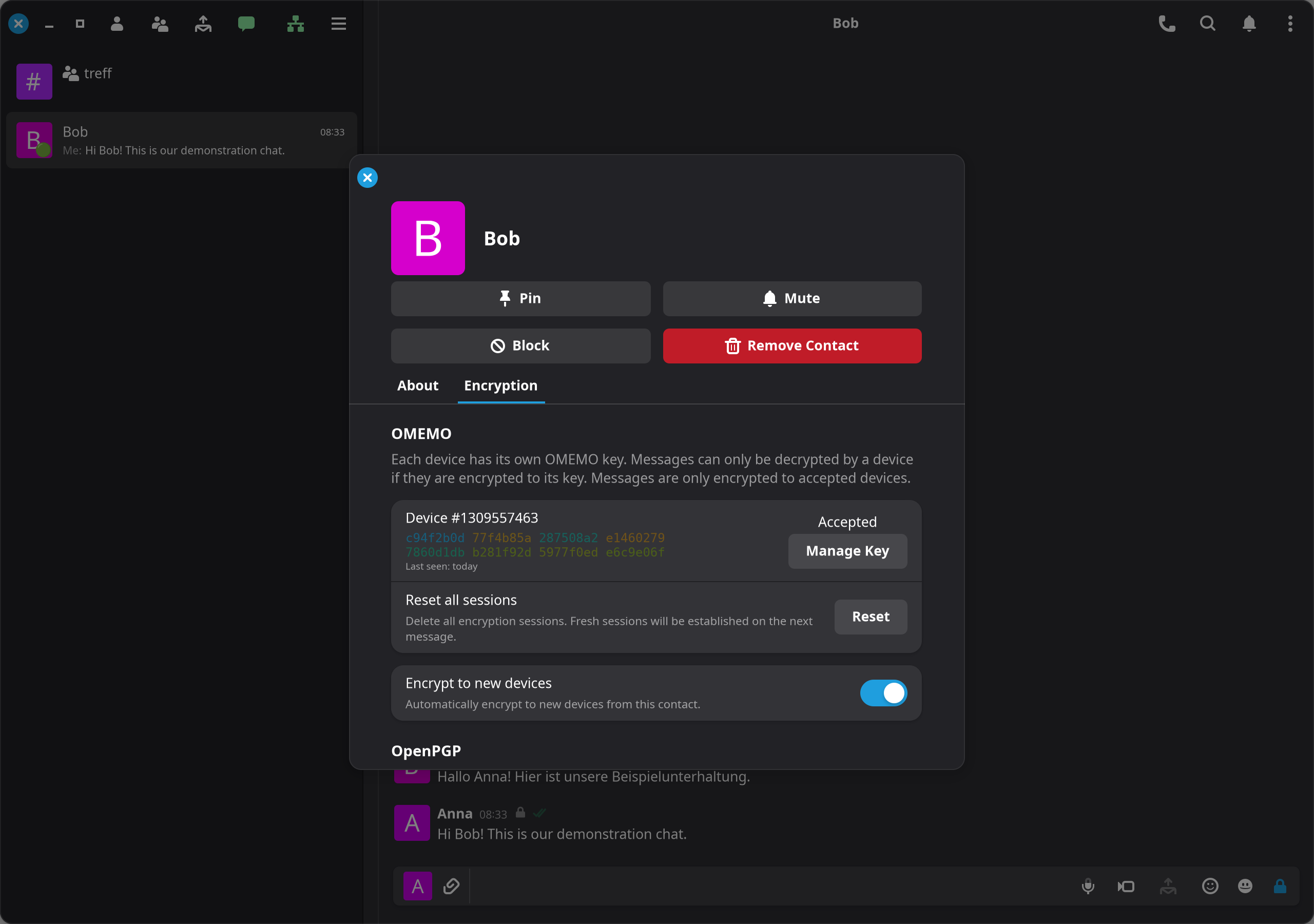 The Encryption page shows devices and key actions.