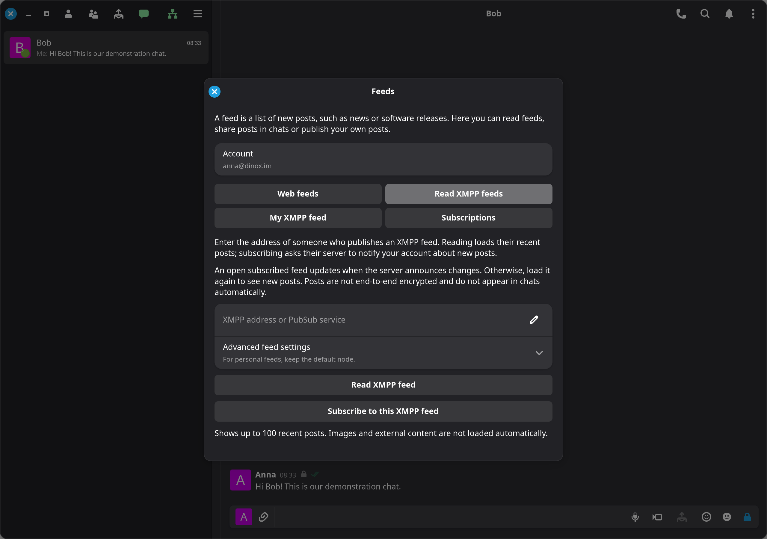 Read or subscribe to an XMPP feed.