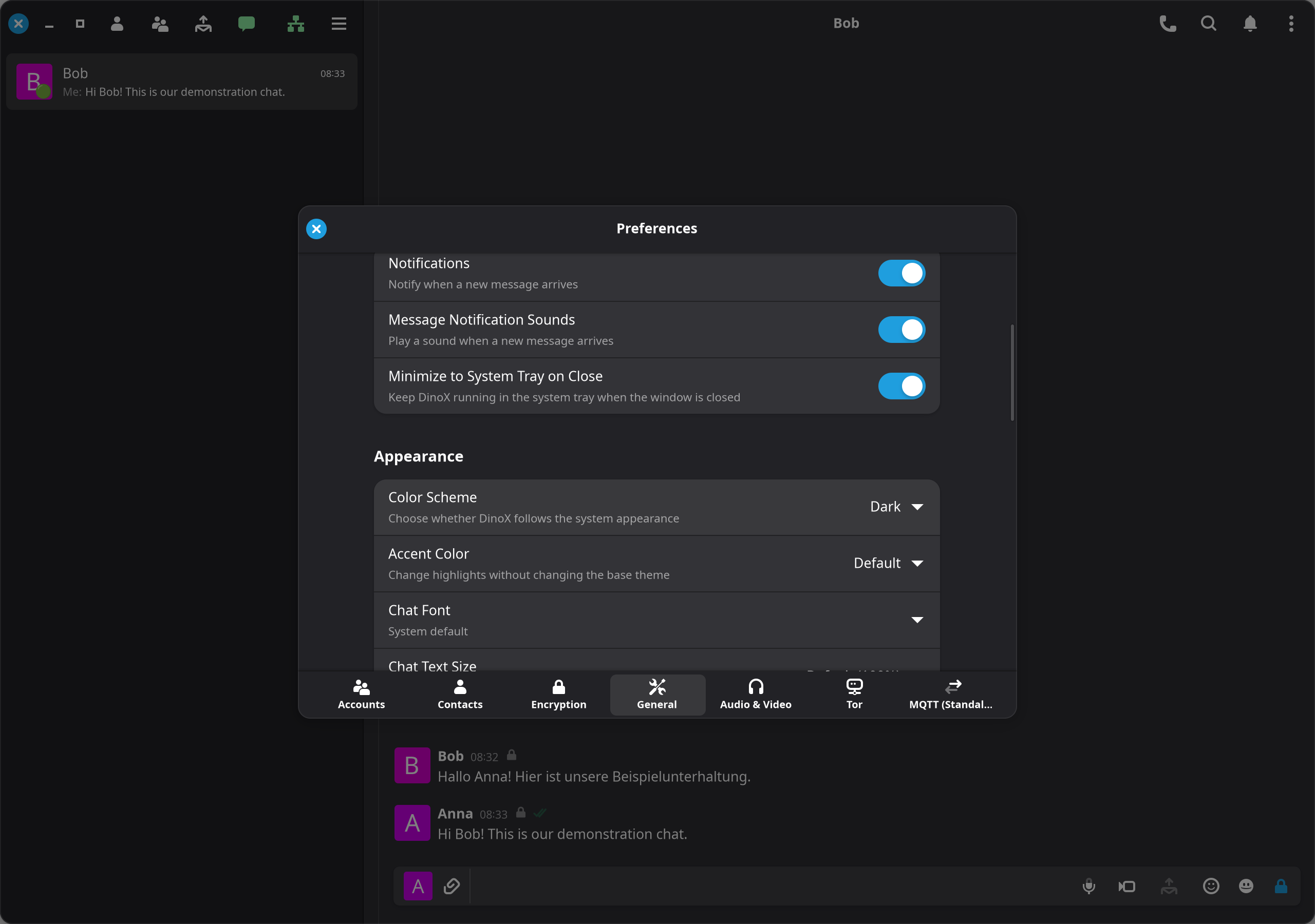 Appearance, chat font, text size and language.