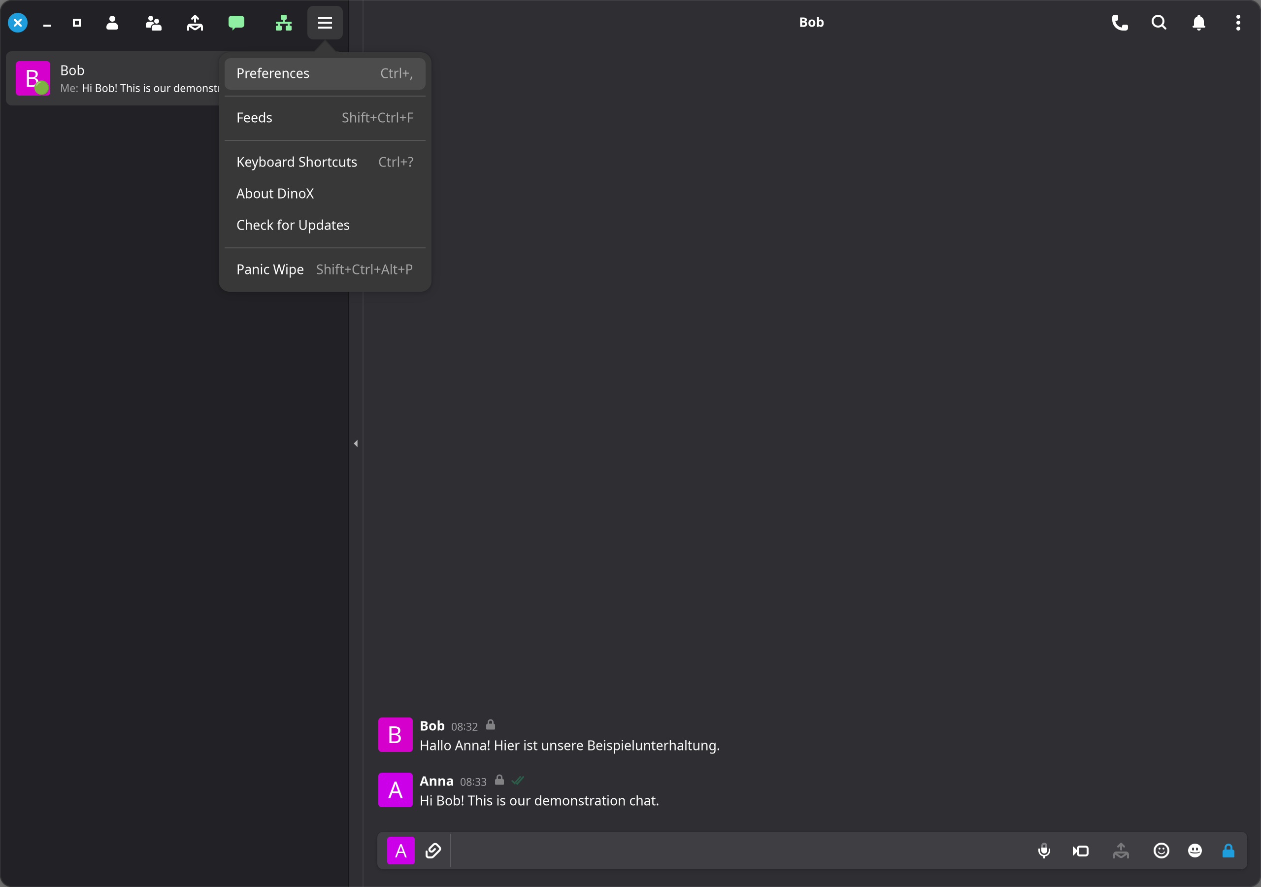 The main menu with Preferences, Feeds and help.