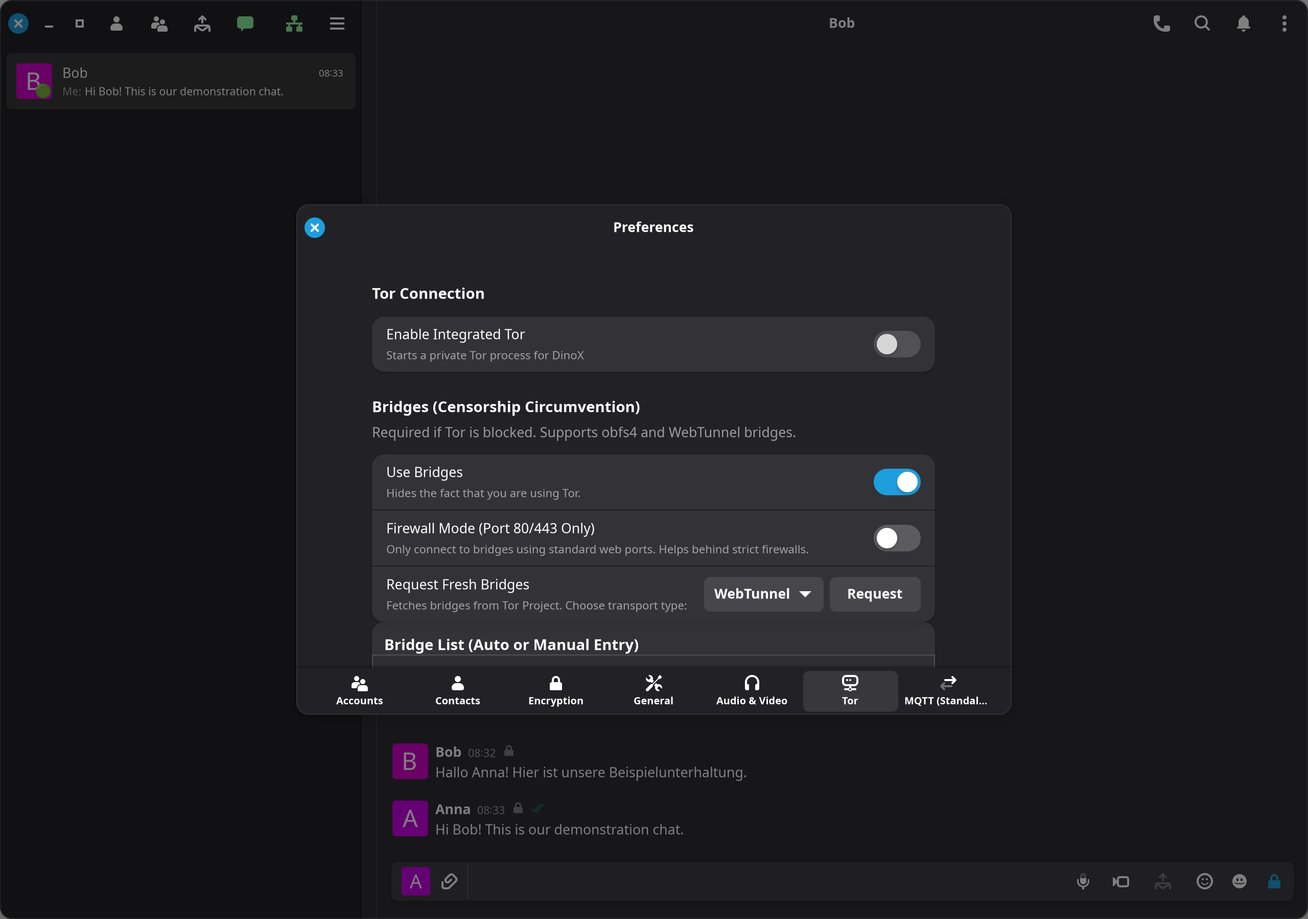 Integrated Tor and optional bridges.