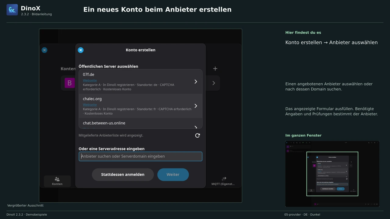 Ein neues Konto beim Anbieter erstellen