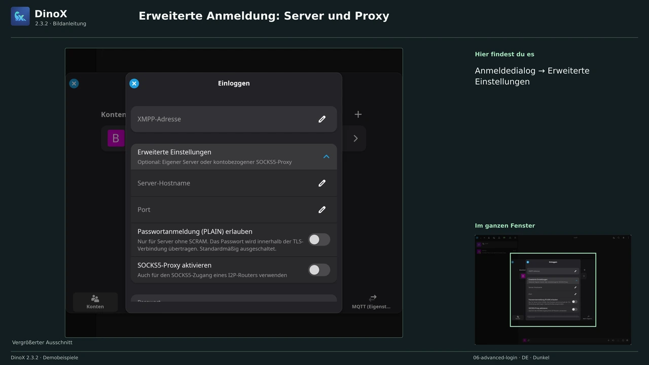 Erweiterte Anmeldung: Server und Proxy