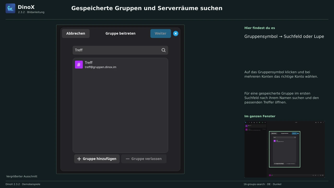 Gespeicherte Gruppen und Serverräume suchen