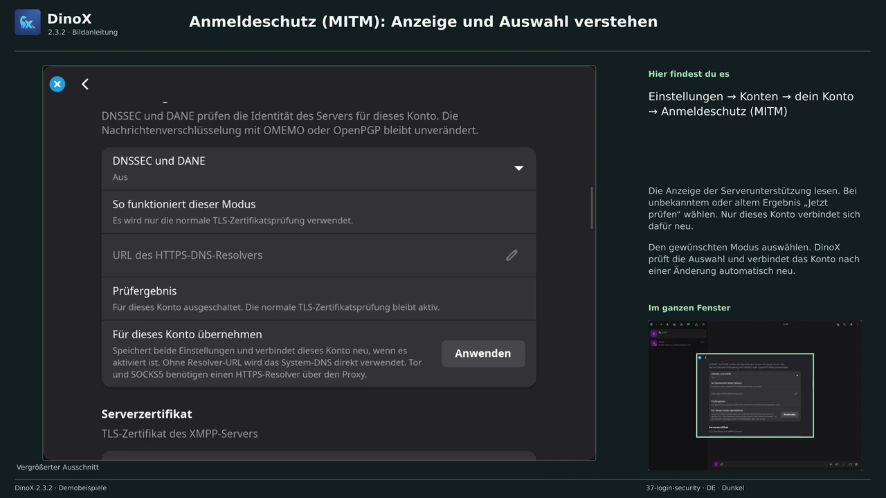 Anmeldeschutz (MITM): Anzeige und Auswahl verstehen