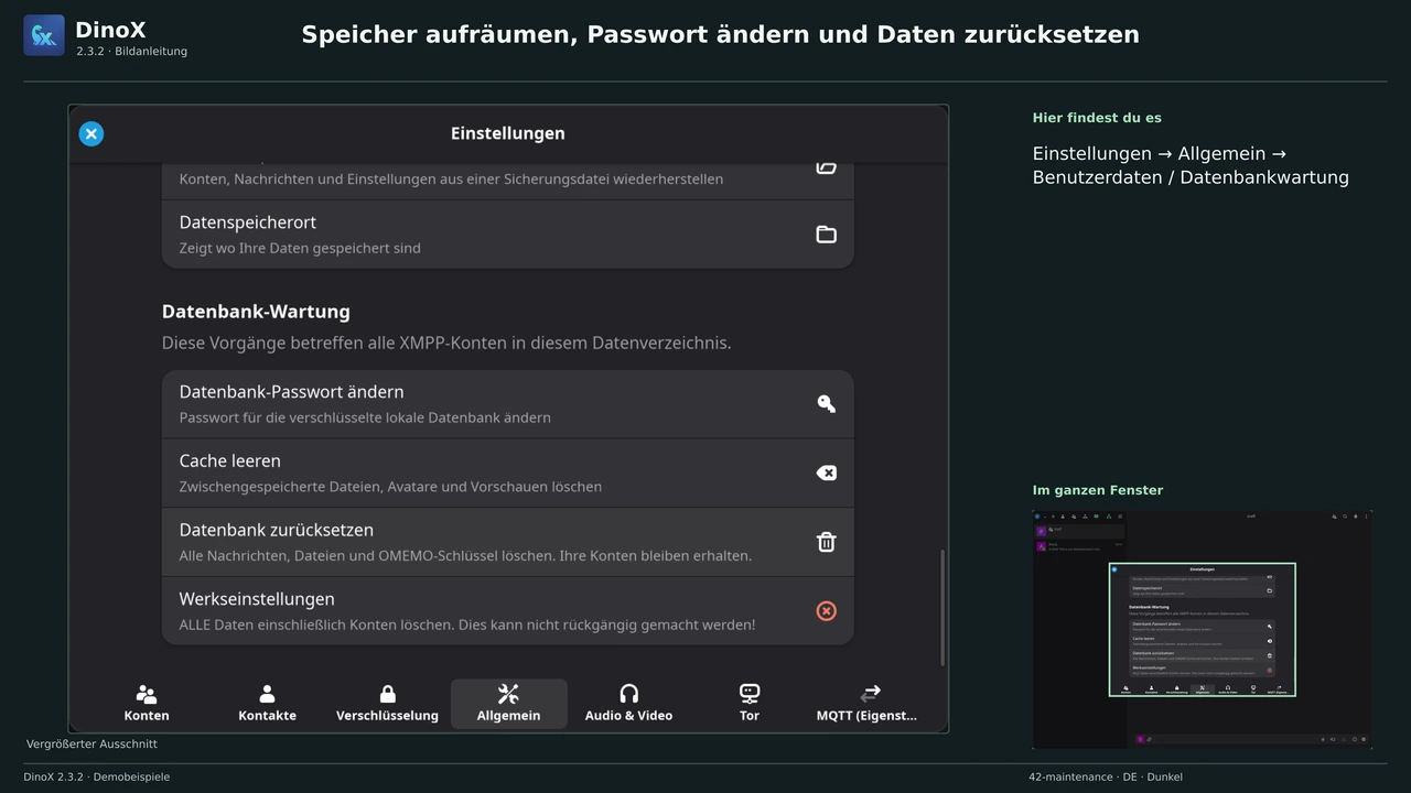 Speicher aufräumen, Passwort ändern und Daten zurücksetzen