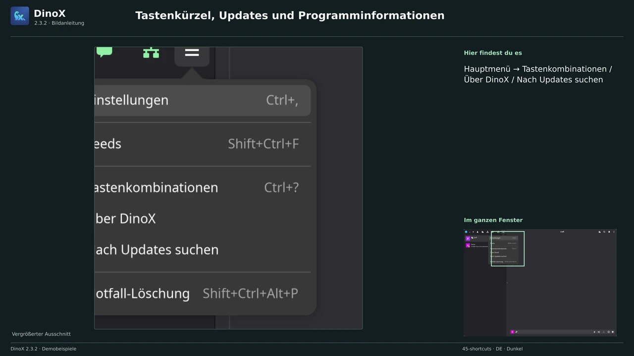 Tastenkürzel, Updates und Programminformationen